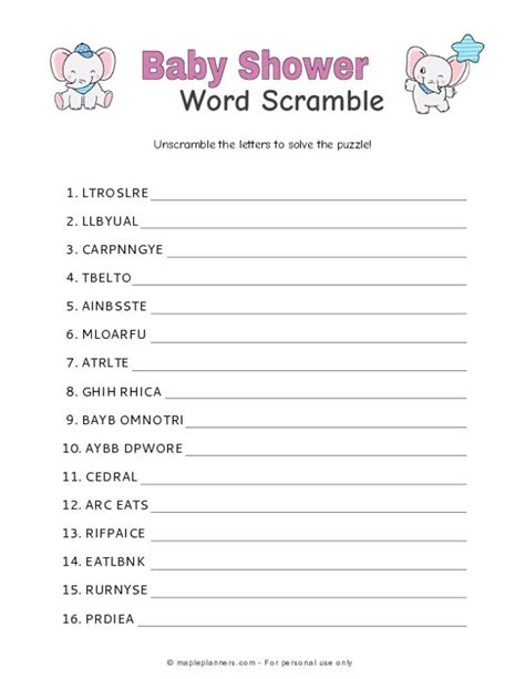 Free Printable Baby Shower Word Scramble