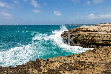 Devil's Bridge Antigua Waves Crashing On Coastline Stock Photo ...