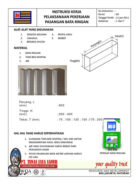 Metode Kerja Pemasangan Bata Ringan | PDF