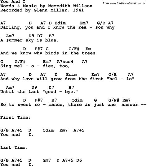 Song lyrics with guitar chords for You And I - Glenn Miller, 1941