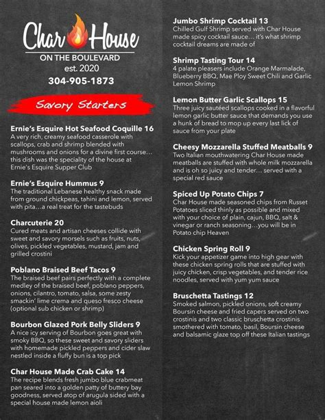 Menu at Char House on the Boulevard pizzeria, Wheeling