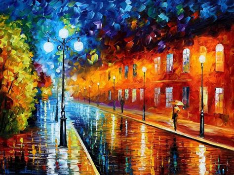 Sfondi : la pittura, strada, paesaggio urbano, riflessione, opera d'arte, sera, Leonid Afremov ...