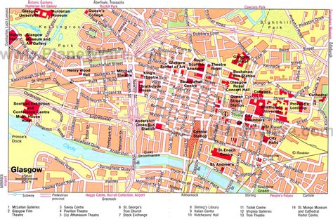 a map of the city of glasow with red buildings and streets on it