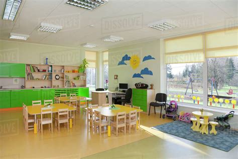 Classroom, activity room with furniture, tables and chairs - Stock ...