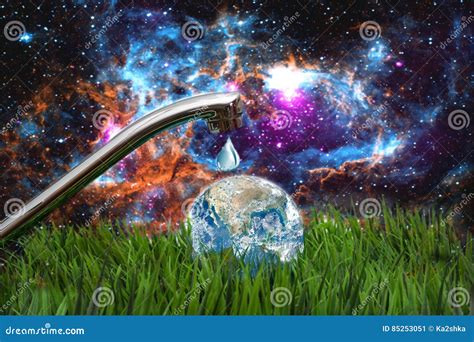 Outdoor Faucet with Globe Concept of Water Conservation Elements Furnished by NASA Stock Image ...