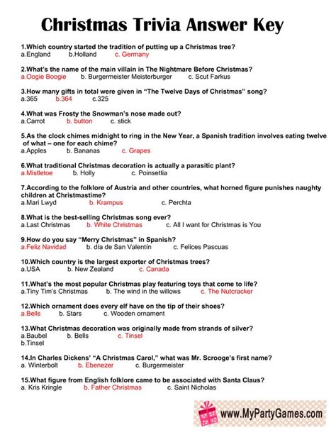 the christmas trivia answer key is shown in red and black, as well as other words