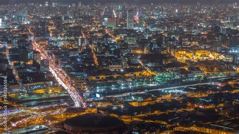 Aerial view of Lima skyline night timelapse from San Cristobal hill ...