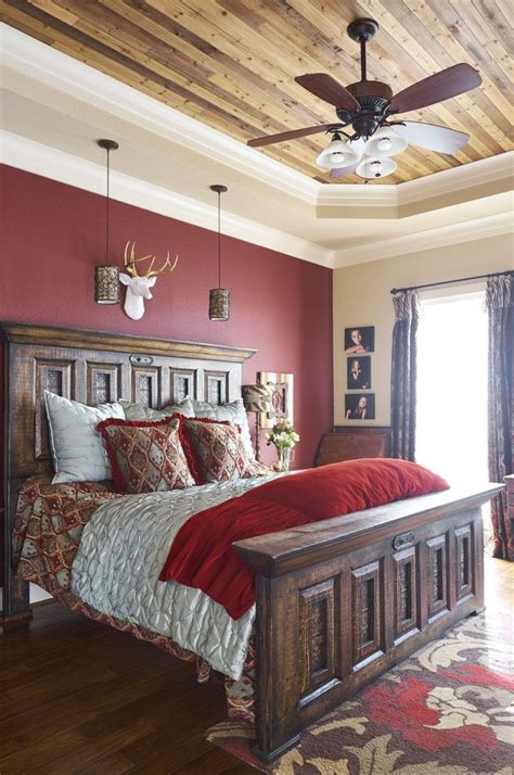 Texas rustic bedroom with wood accent ceiling. Great idea for tiered ceiling. Dallas Texas ...