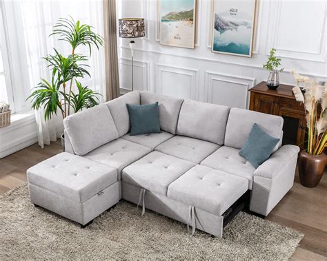 Merax 86” Linen Reversible Sectional Couch with Pull-Out Sleeper, L-Shape Corner Sofa Bed with ...