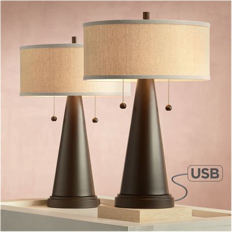 Franklin Iron Works Mid Century Modern Accent Table Lamps Set of 2 with USB Port Bronze Metal ...