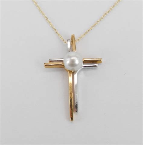 14K White and Yellow Gold Pearl CROSS Pendant Necklace Religious Charm ...