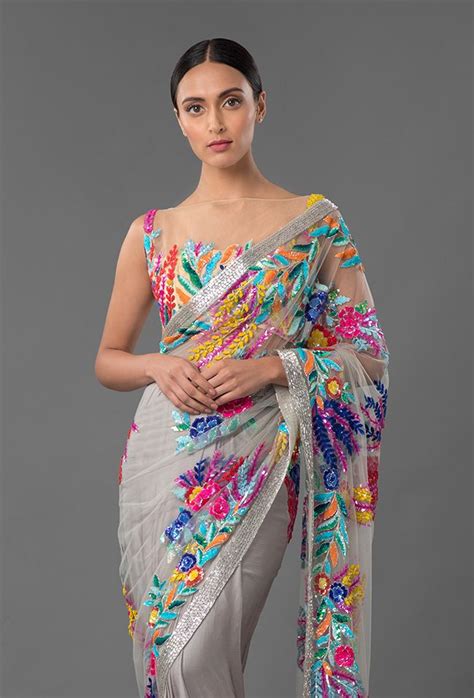 Grey Tulle Saree with Sequins embroidery | Manish Malhotra | Indian designer sarees, Saree ...