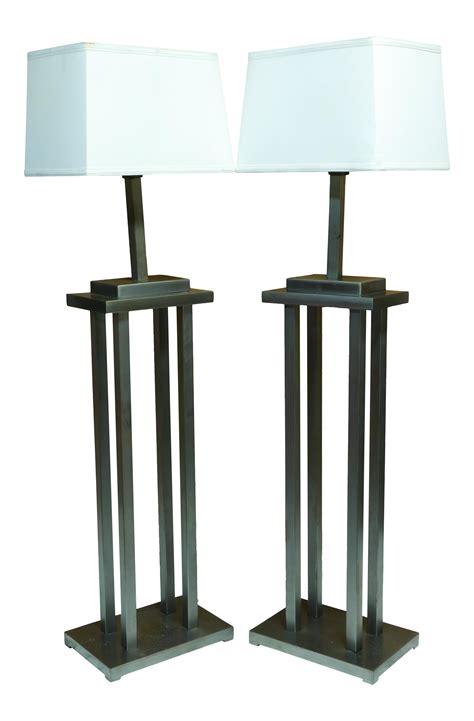 Mid Century George Kovacs Style Skyscraper Steel Architectural Floor Lamps with Shades on ...