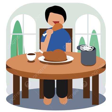 Illustration Of Enjoying Eating Chicken In The Dining Room, Eat, Eating ...