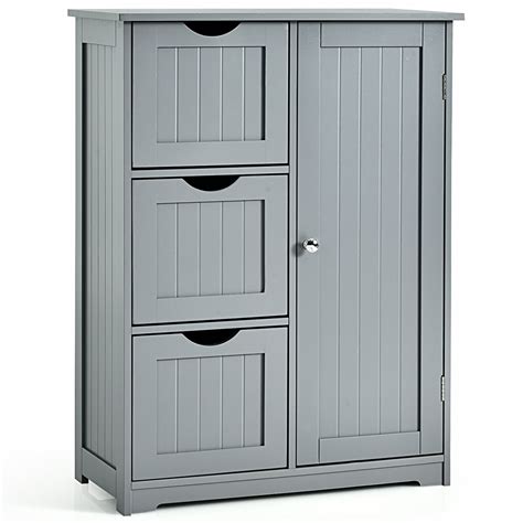 Costway Bathroom Floor Cabinet Side Storage Cabinet with 3 Drawers and 1 Cupboard Grey - Walmart ...