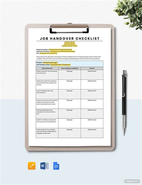 Job Handover Checklist Template - Google Docs, Word, Apple Pages | Template.net