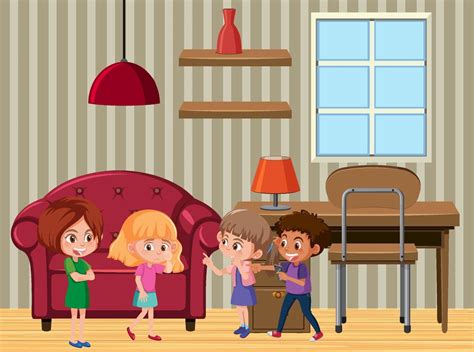 Living room scene with children cartoon character 7101364 Vector Art at ...