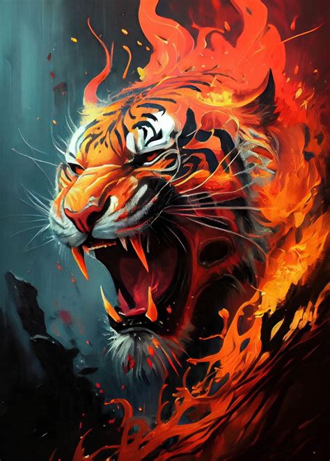 'Fire Tiger' Poster, picture, metal print, paint by Qrisio | Displate