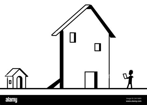 Facade fake big house small real shack behind cartoon line drawing, vector, horizontal, black ...