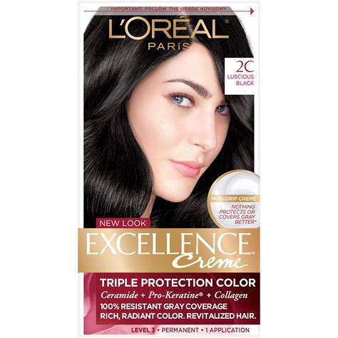 L'Oreal Paris Excellence Creme Permanent Hair Color, 2C Luscious Black, 100 percent Gray ...