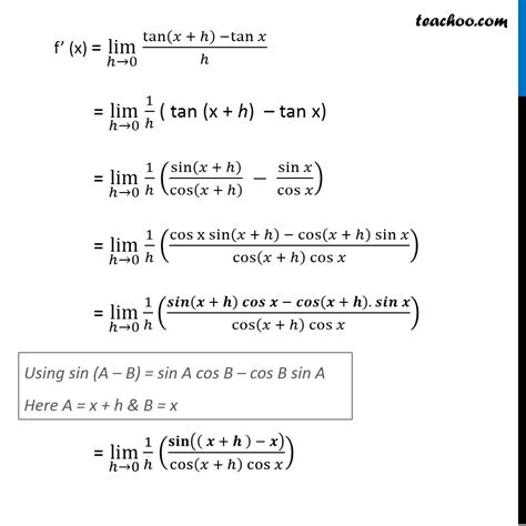 Prove that Derivative of tan x is sec^2 x - by First Principle