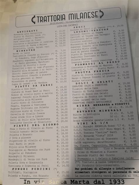 Menu at Trattoria Milanese cafe, Milan, Via Santa Marta