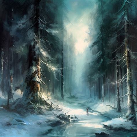 Premium Photo | A painting of a forest with a man walking in the snow