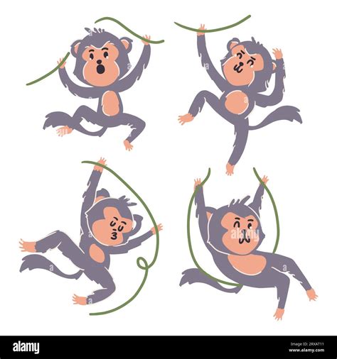 Monkey swing on vines. Cute cartoon characters . Hand drawn style ...