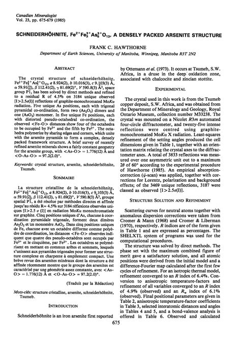 (PDF) SCHNEIDERHOHNITE, FE2+ FE3+3 AS3+5 O13, A DENSELY PACKED ARSENITE STRUCTURE