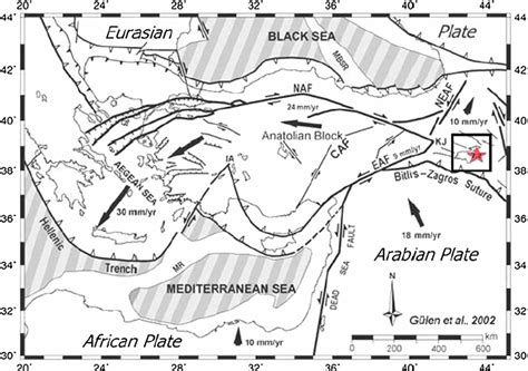 Active tectonic plates, major faults, and their movement directions (... | Download Scientific ...