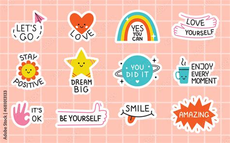 Vector motivational sticker pack. Cute sticker set with positive ...