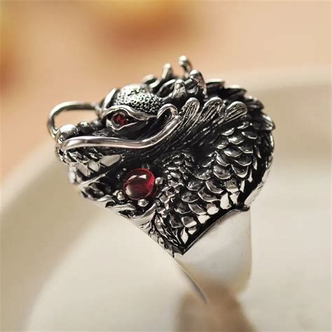 Dragon Chunky Rings For Men Pure Sterling Silver 925 Mens Jewelry Set Red Stone Gothic Thick ...