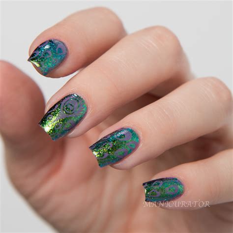 KBShimmer Summer 2015 Nail Art - Watermarble, Chevron French, Peacock Stamp