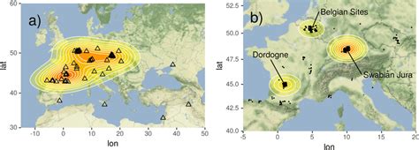 Maps of the Aurignacian sites across Europe and the Near East. (a) Each ...