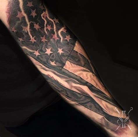 Black And White American Flag Sleeve Tattoo