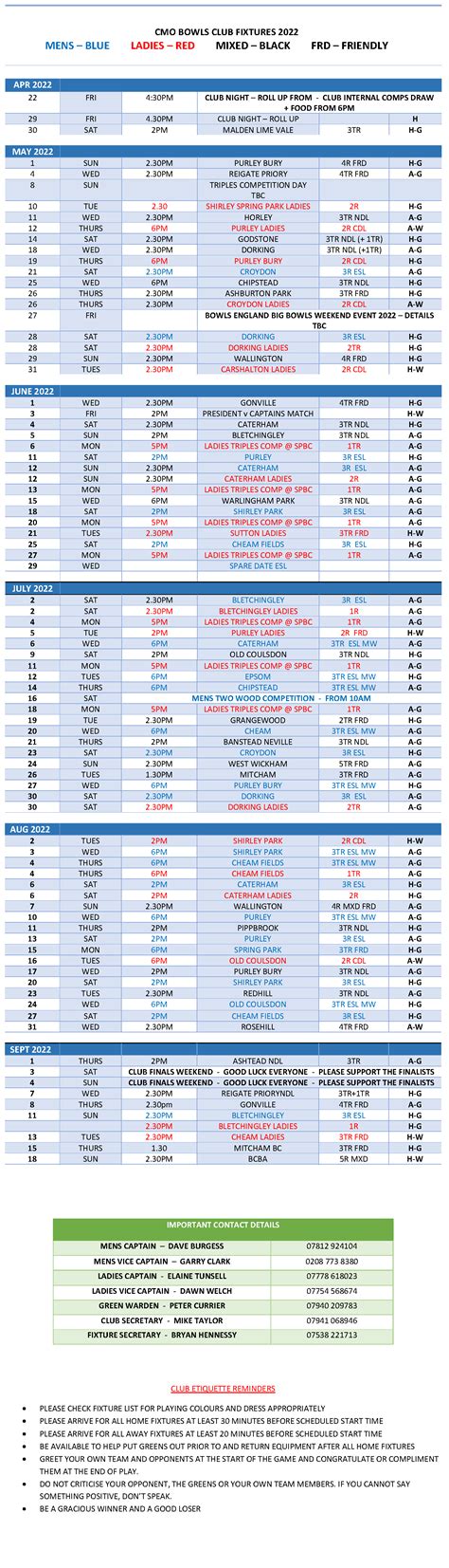 CMOBC - Croydon Municipal Officers Bowling Club Fixtures