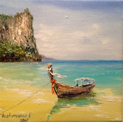 Boat Oil Painting Small Tropical Painting Ocean Art Ocean