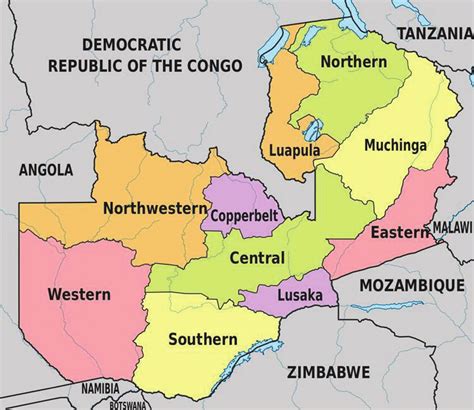 Map of Zambia showing its provinces and neighbouring countries ...