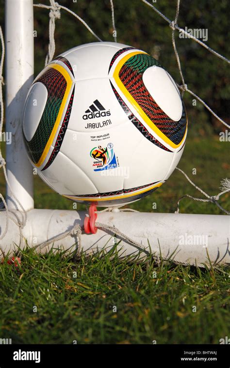 The FIFA 2010 World Cup replica match ball by Adidas, the Jabulani, in the corner of a football ...