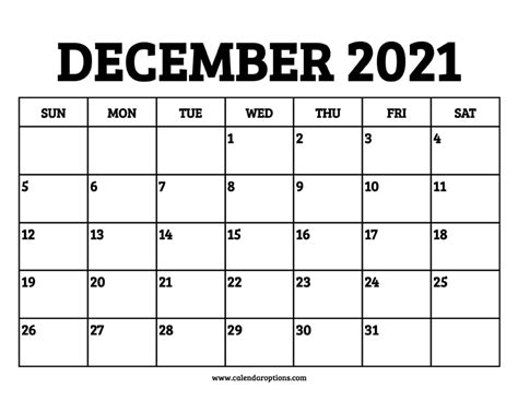 December 2021 Calendar Printable – Calendar Options