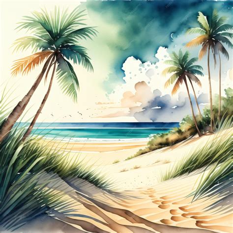 Premium Photo | A drawing of palm trees on a beach with a beach in the ...