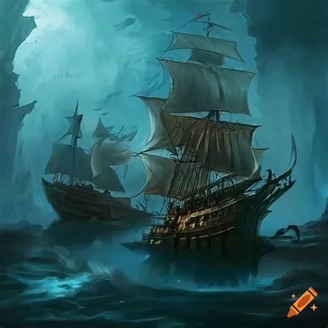 Fantasy art of pirate ships sinking on Craiyon