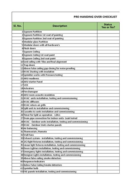 7.14 - Pre-Handing Over Checklist - Sample Format | PDF | Ceiling | Architectural Elements