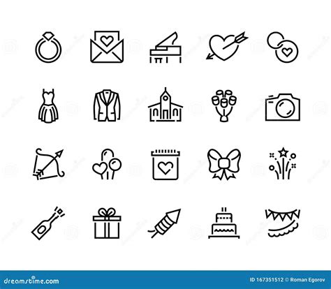 Wedding Line Icons. Marriage Ceremony and Honeymoon Symbols with Cake ...