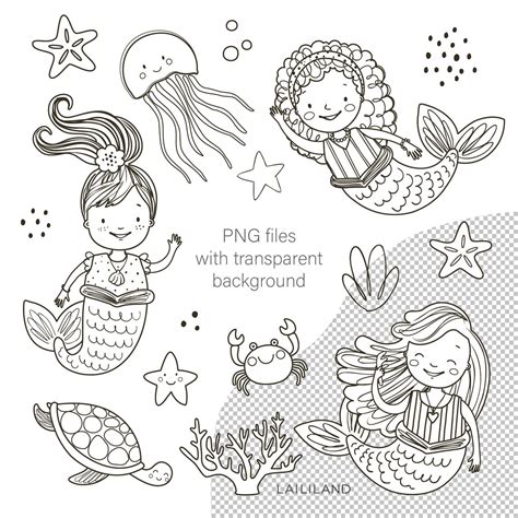 Mermaid Black and White Clipart Sea Doodle Clip Art Mermaid - Etsy