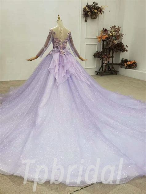 Violet Prom Dress Sparkle Long Sleeve Ball Gown Formal Dress