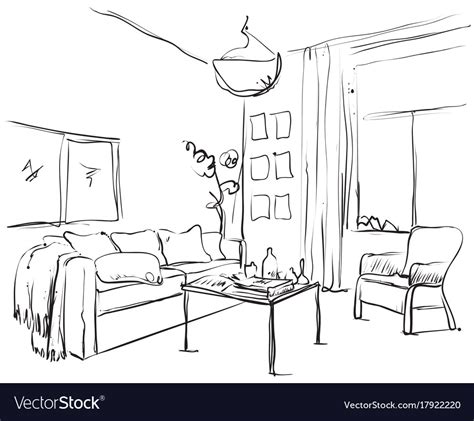 Hand drawn sketch of modern living room interior Vector Image