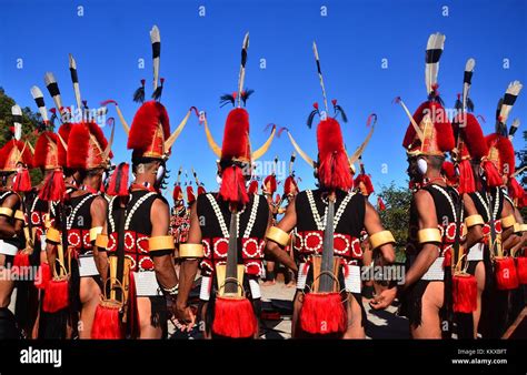 Kohima, India. 02nd Dec, 2017. Naga tribesmen from Yimchunger tribe a ...