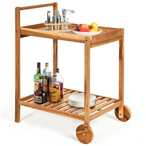 Gymax 2-Tier Acacia Rolling Kitchen Trolley Cart Dining Serving Cart Outdoor w/ Wheels - Walmart ...