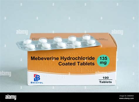 A pack of the prescription drug Mebeverine Hydrochloride. The blister pack tablets are used to ...